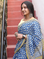 Load image into Gallery viewer, Blue Mulmul Cotton Hand-block Print Saree with Blouse Piece