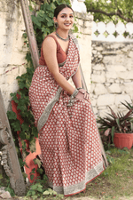 Load image into Gallery viewer, Mahroon Mulmul Cotton Hand-block Print Saree with Blouse Piece - Paheli-Jaipur