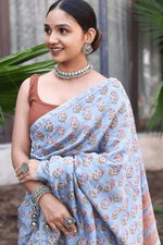 Load image into Gallery viewer, Light Blue Chanderi Silk Hand-block Print Saree with Blouse Piece - Paheli-Jaipur