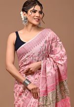 Load image into Gallery viewer, Floral Pink Hand Block Mulmul Cotton Saree For Women With Blouse Piece
