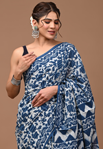 Load image into Gallery viewer, Evergreen Indigo - Hand Block Mulmul Cotton Saree For Women With Blouse Piece
