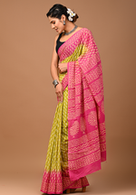 Load image into Gallery viewer, Pinkish Green - Hand Block Mulmul Cotton Saree For Women With Blouse Piece