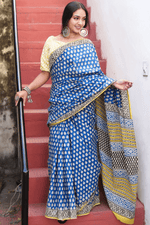 Load image into Gallery viewer, Blue Mulmul Cotton Hand-block Print Saree with Blouse Piece - Paheli-Jaipur