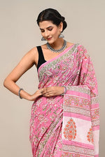 Load image into Gallery viewer, PAHELI JAIPUR Mulmul Cotton Saree for Women with Blouse Piece Hand Block Print Pink Leaf