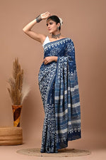 Load image into Gallery viewer, PAHELI JAIPUR Mulmul Cotton Saree for Women with Blouse Piece Hand Block Print Indigo