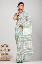 Load image into Gallery viewer, Teal White - Hand Block Mulmul Cotton Saree For Women With Blouse Piece - Paheli-Jaipur