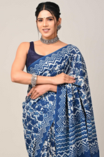 Load image into Gallery viewer, PAHELI JAIPUR Blue Indigo Hand Block Bagru Print Mulmul Cotton Saree with Unstitched Blouse Piece – Soft & Lightweight Saree for Women