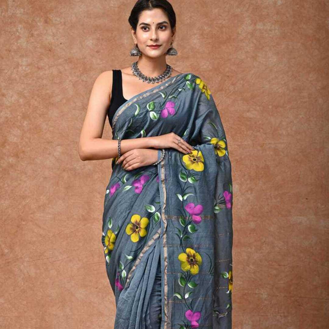 Graceful Grey - Chanderi Silk Hand-Painted Saree - Paheli-Jaipur