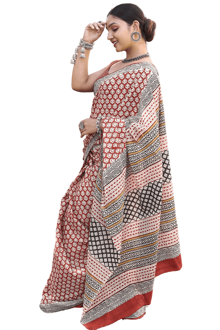 Mahroon Mulmul Cotton Hand-block Print Saree with Blouse Piece - Paheli-Jaipur