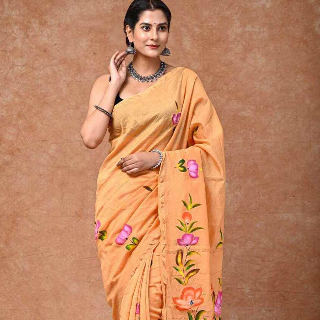 Peachy Chic Chanderi Silk Hand-Block Saree - Paheli-Jaipur