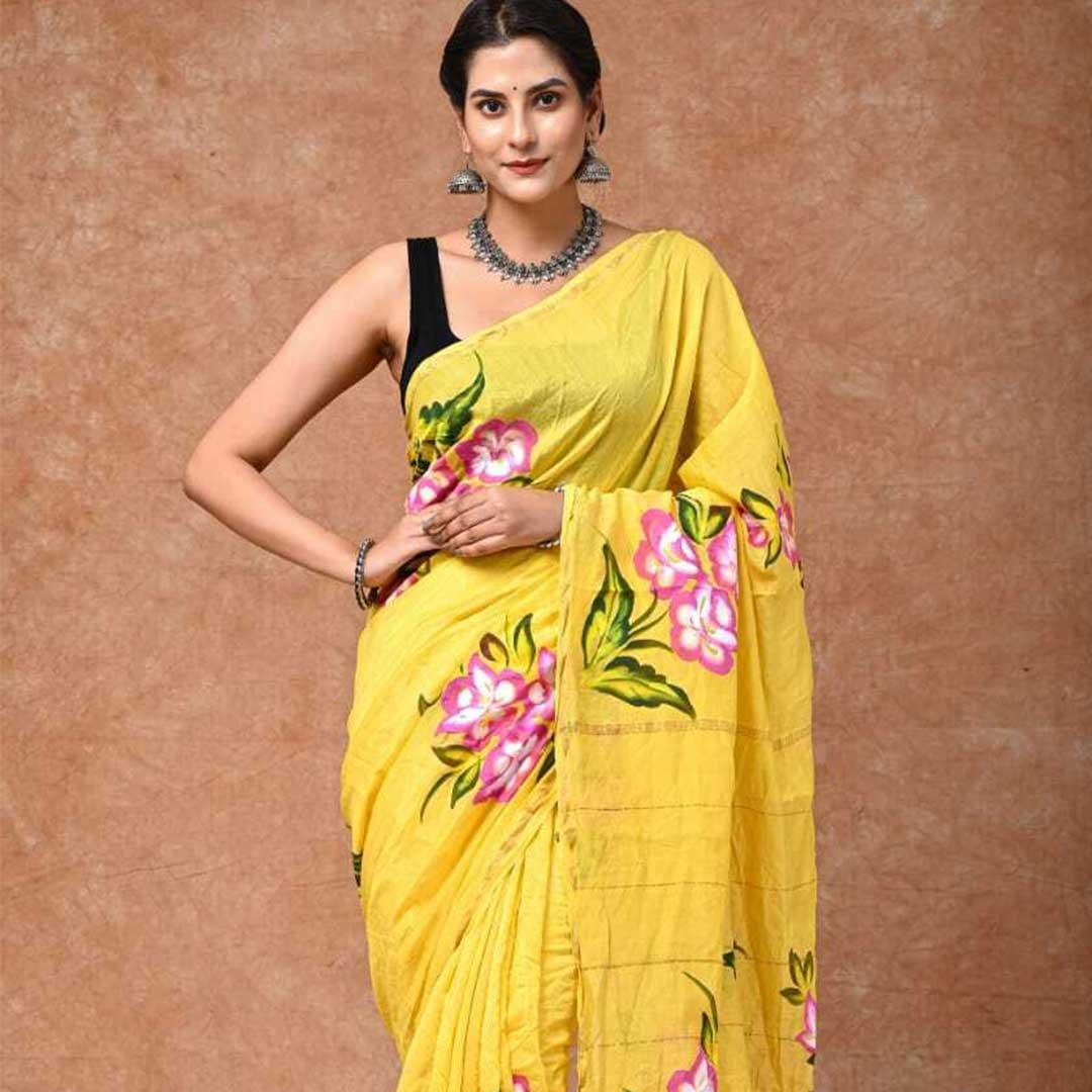 Sunlit Yellow - Hand Painted Chanderi Silk Saree - Paheli-Jaipur