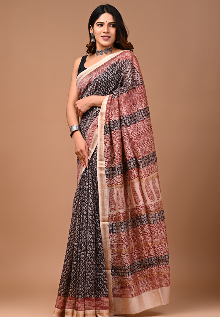 PAHELI JAIPUR Maheshwari Silk Saree for Women with Blouse Piece Hand Block Print
