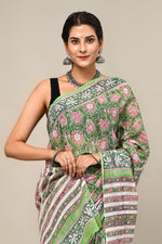 Load image into Gallery viewer, PAHELI JAIPUR Mulmul Cotton Saree for Women with Blouse Piece Hand Block Print Green Flower
