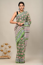 Load image into Gallery viewer, PAHELI JAIPUR Mulmul Cotton Saree for Women with Blouse Piece Hand Block Print Green Flower
