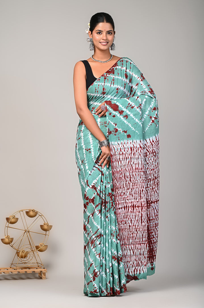 PAHELI JAIPUR Mulmul Cotton Saree for Women with Blouse Piece Hand Block Print Shadow Green