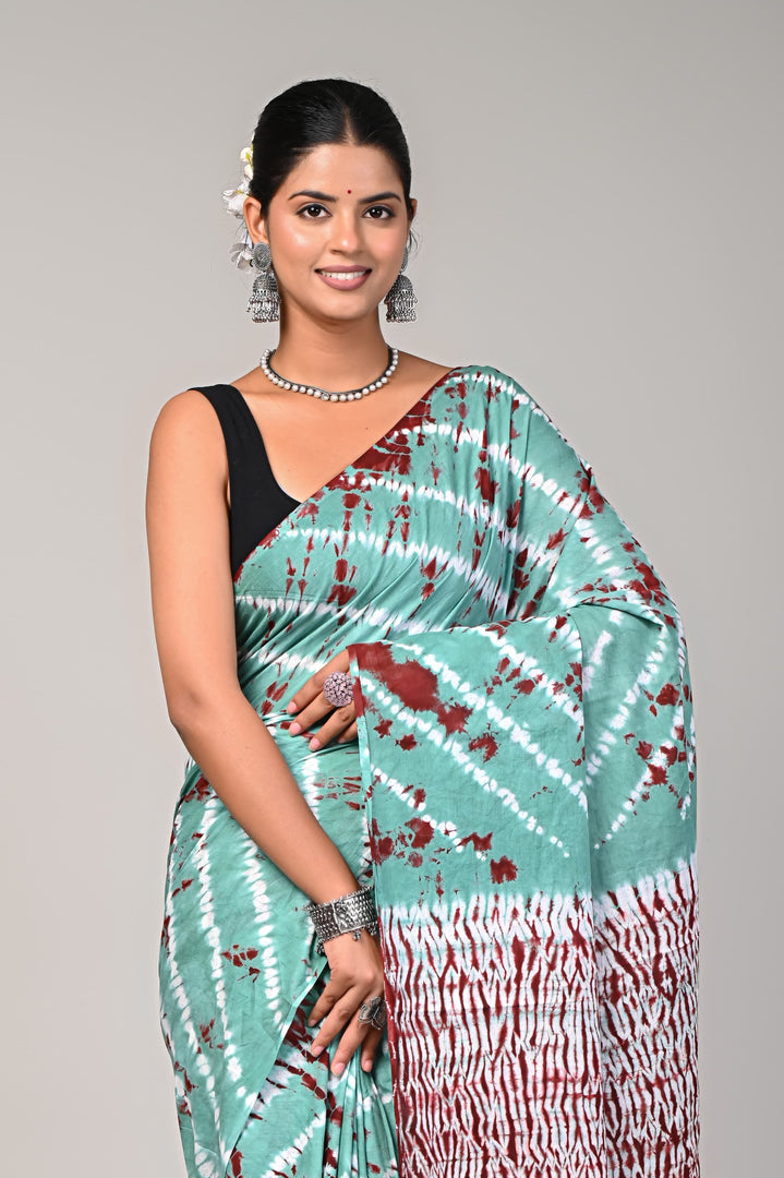 PAHELI JAIPUR Mulmul Cotton Saree for Women with Blouse Piece Hand Block Print Shadow Green