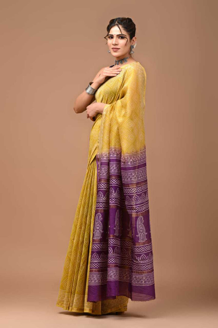 PAHELI JAIPUR Chanderi Silk Saree for Women with Blouse Piece Hand Block Print