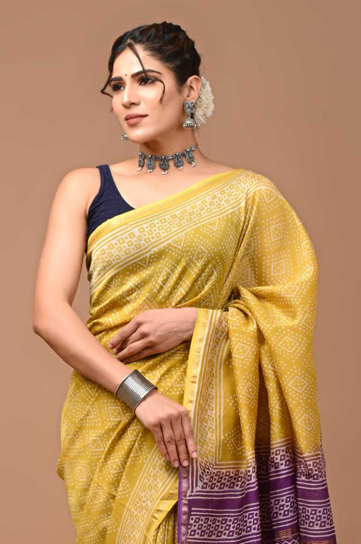 PAHELI JAIPUR Chanderi Silk Saree for Women with Blouse Piece Hand Block Print