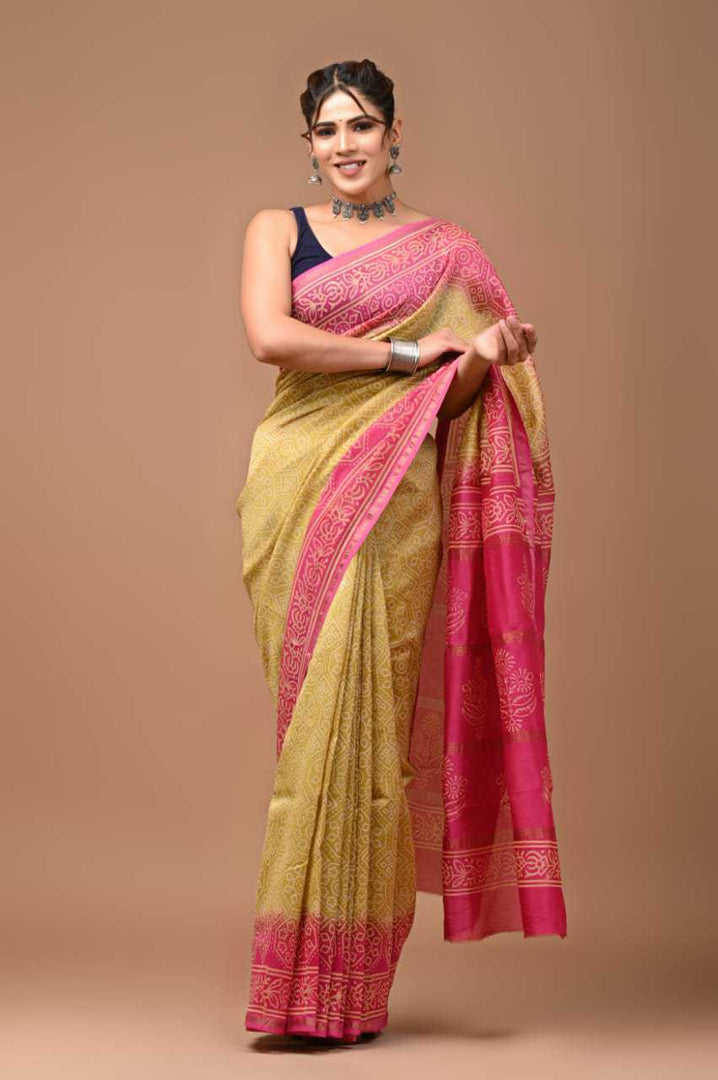 PAHELI JAIPUR Chanderi Silk Saree for Women with Blouse Piece Hand Block Print