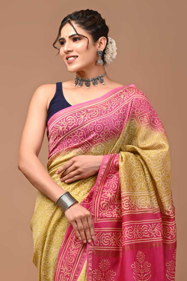 PAHELI JAIPUR Chanderi Silk Saree for Women with Blouse Piece Hand Block Print