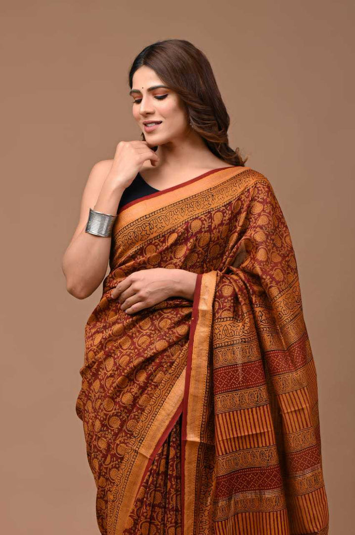 PAHELI JAIPUR Maheshwari Silk Saree for Women with Blouse Piece Hand Block Print