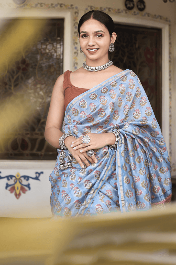 Light Blue Chanderi Silk Hand-block Print Saree with Blouse Piece - Paheli-Jaipur