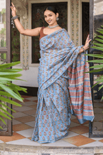 Load image into Gallery viewer, Light Blue Chanderi Silk Hand-block Print Saree with Blouse Piece - Paheli-Jaipur
