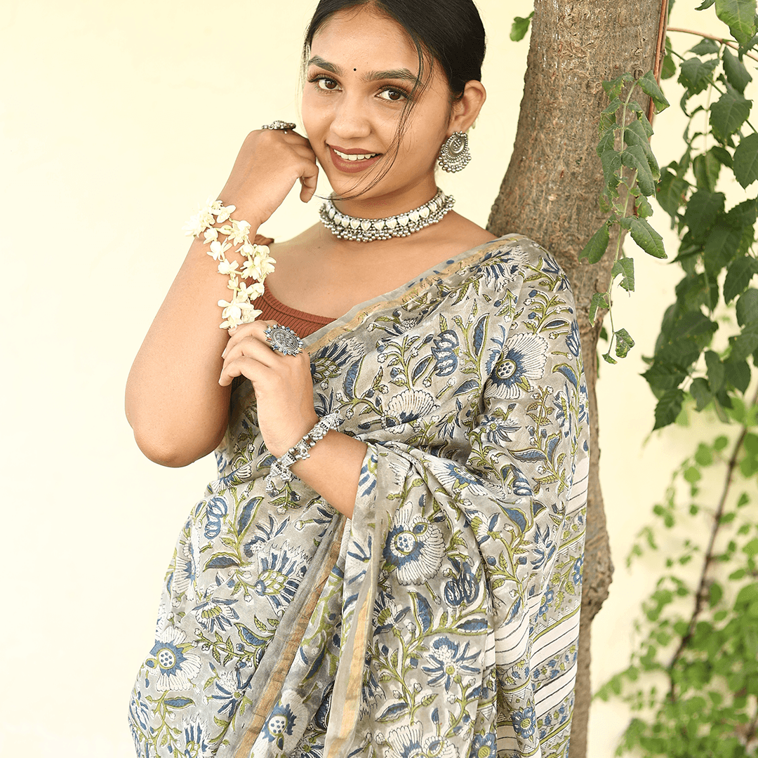 Green & Blue Hand Block Print Chanderi Silk Saree with Blouse - Paheli-Jaipur