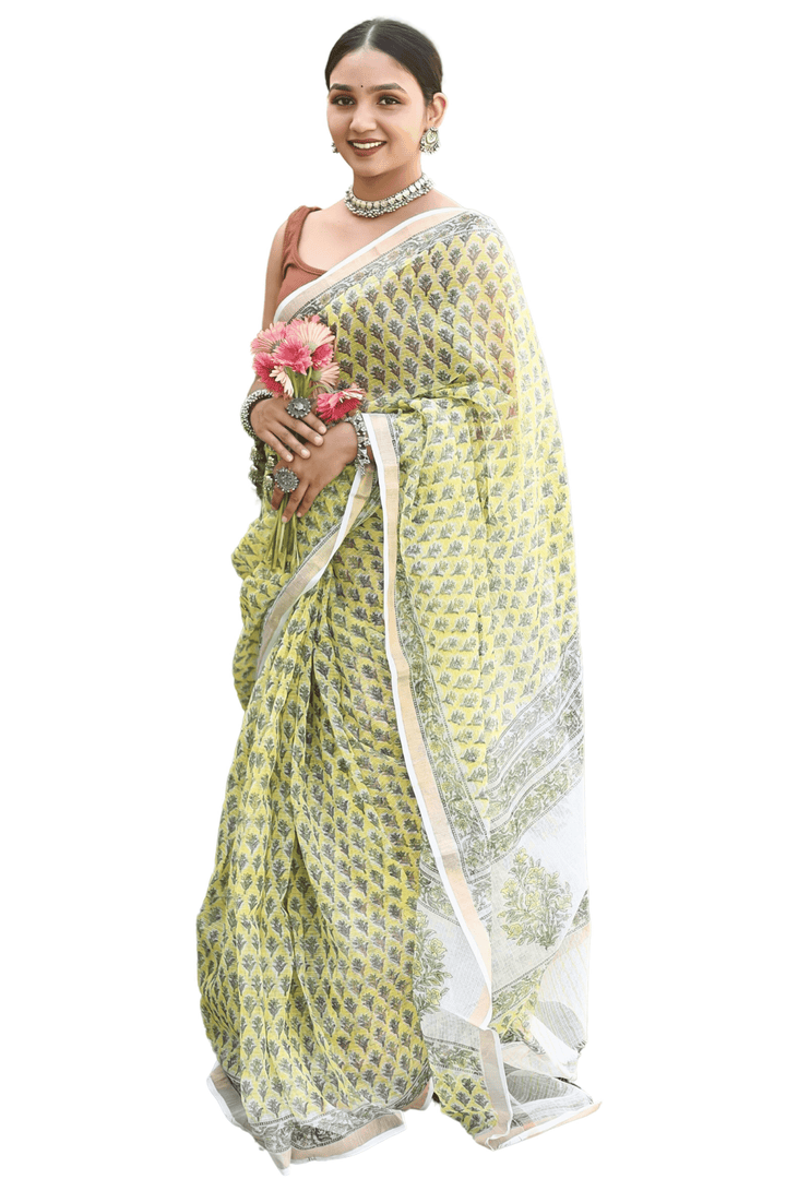 Yellow Kota Doria Saree with Blouse Piece - Paheli-Jaipur