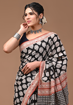 Load image into Gallery viewer, Bagru Black Hand Block Mulmul Cotton Saree For Women With Blouse Piece
