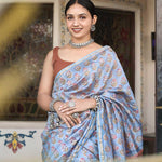 Load image into Gallery viewer, Light Blue Chanderi Silk Hand-block Print Saree with Blouse Piece - Paheli-Jaipur
