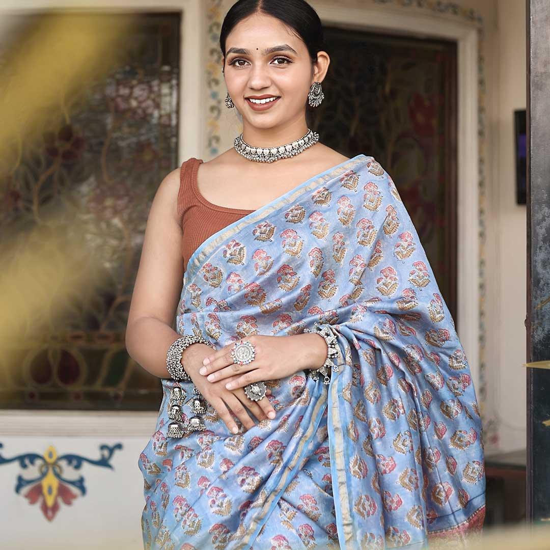 Light Blue Chanderi Silk Hand-block Print Saree with Blouse Piece - Paheli-Jaipur