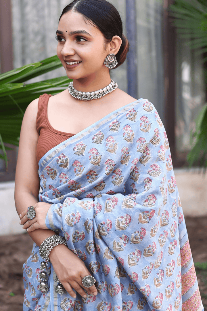 Light Blue Chanderi Silk Hand-block Print Saree with Blouse Piece - Paheli-Jaipur