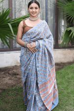 Load image into Gallery viewer, Light Blue Chanderi Silk Hand-block Print Saree with Blouse Piece - Paheli-Jaipur
