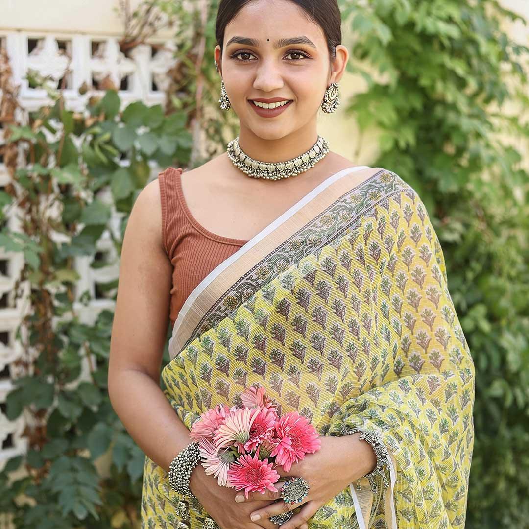 Yellow Kota Doria Saree with Blouse Piece - Paheli-Jaipur