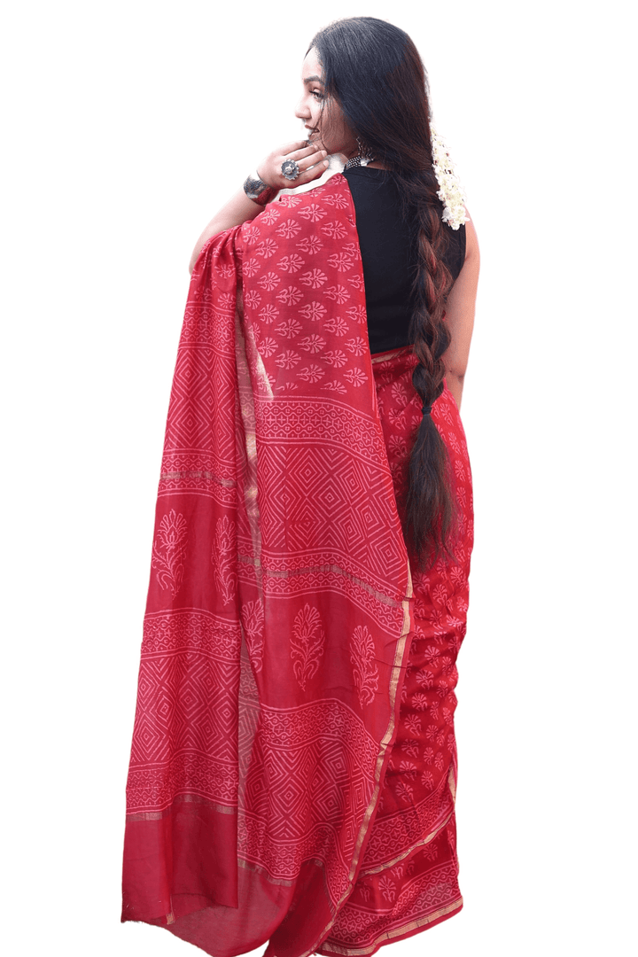 Gulistan Red Chanderi Silk Hand-block Print Saree with Blouse - Paheli-Jaipur