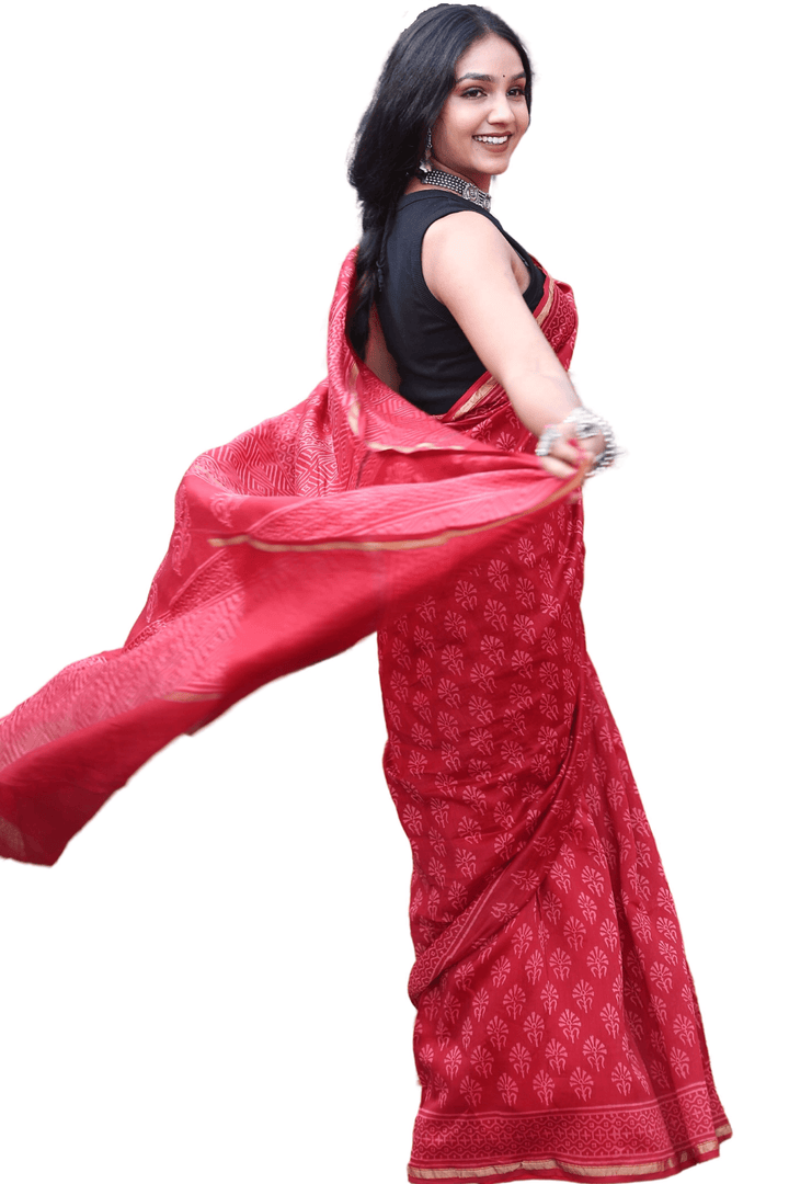 Gulistan Red Chanderi Silk Hand-block Print Saree with Blouse - Paheli-Jaipur