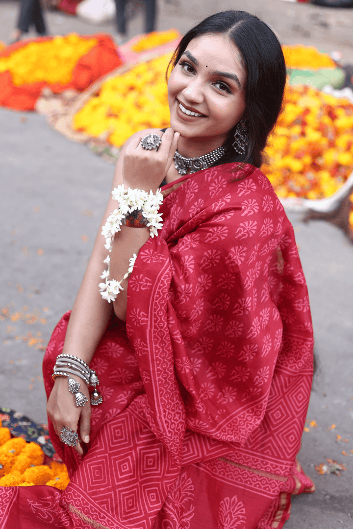 Gulistan Red Chanderi Silk Hand-block Print Saree with Blouse - Paheli-Jaipur