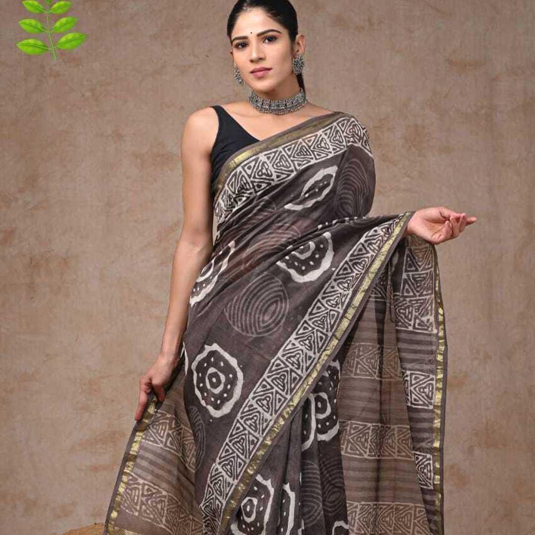 Lovely Grey - Hand Block Print Chanderi Silk Saree - Paheli-Jaipur