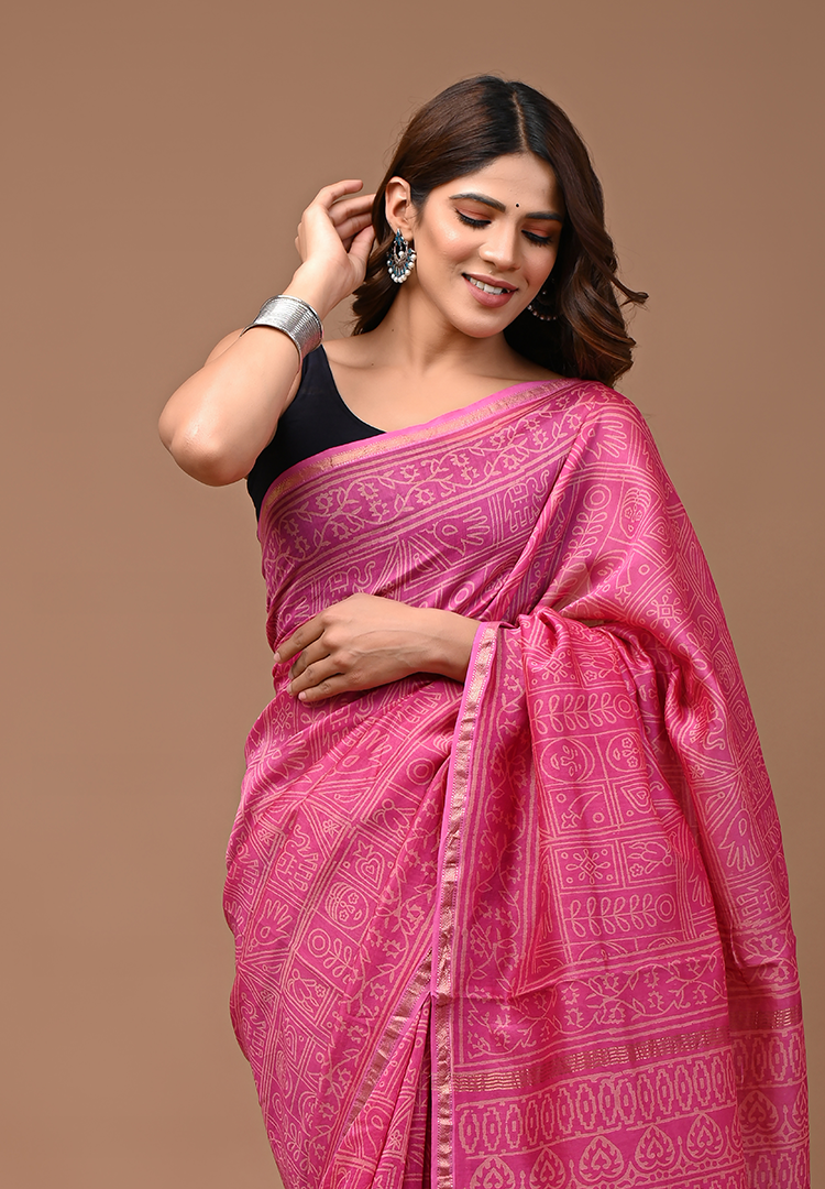 Pink Love - Hand Block Chanderi Silk Saree For Women With Blouse Piece