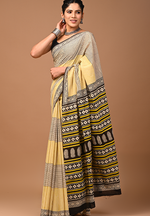 Load image into Gallery viewer, Lovely Yellow Hand Block Mulmul Cotton Saree with Black Border For Women With Blouse Piece
