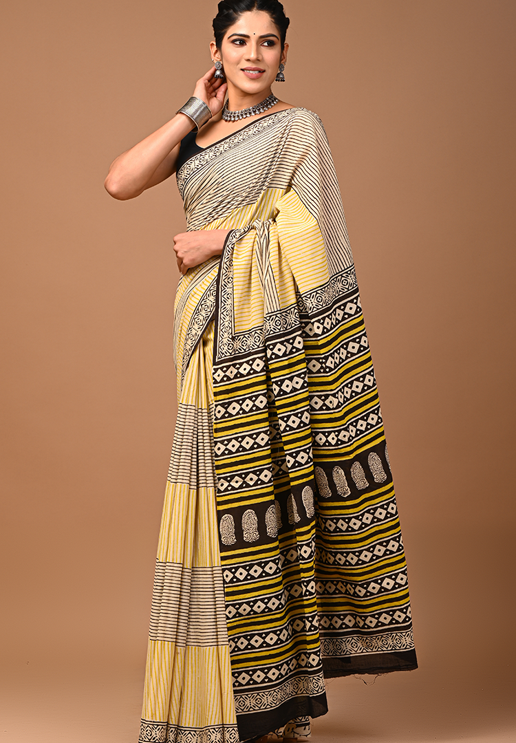 Lovely Yellow Hand Block Mulmul Cotton Saree with Black Border For Women With Blouse Piece