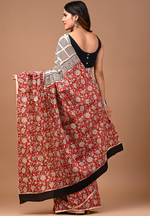 Load image into Gallery viewer, Moony Mehroon With Grey Love - Hand Block Mulmul Cotton Saree For Women With Blouse Piece
