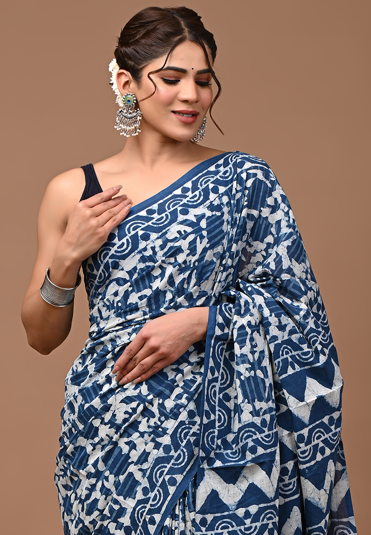 Evergreen Indigo - Hand Block Mulmul Cotton Saree For Women With Blouse Piece