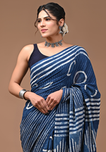 Load image into Gallery viewer, Lovely Indigo - Hand Block Mulmul Cotton Saree For Women With Blouse Piece
