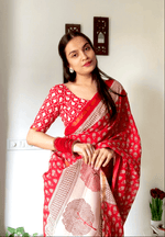 Load image into Gallery viewer, Refreshing Red - Hand Block Mulmul Cotton Saree For Women With Blouse Piece - Paheli-Jaipur
