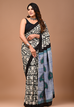 Load image into Gallery viewer, Dreamy Black - Hand Block Mulmul Cotton Saree For Women With Blouse Piece (Black Blue)
