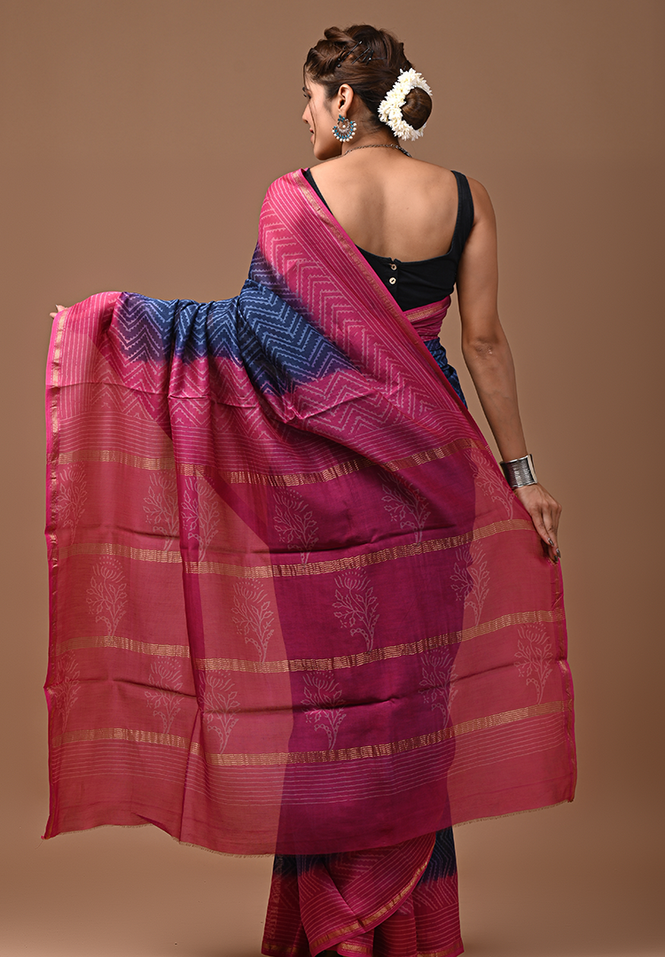 Blueish Pink - Hand Block Chanderi Silk Saree For Women With Blouse Piece