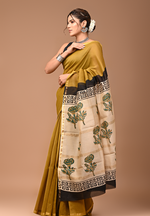 Load image into Gallery viewer, Gold Toned - Hand Block Chanderi Silk Saree For Women With Blouse Piece (Golden Green)
