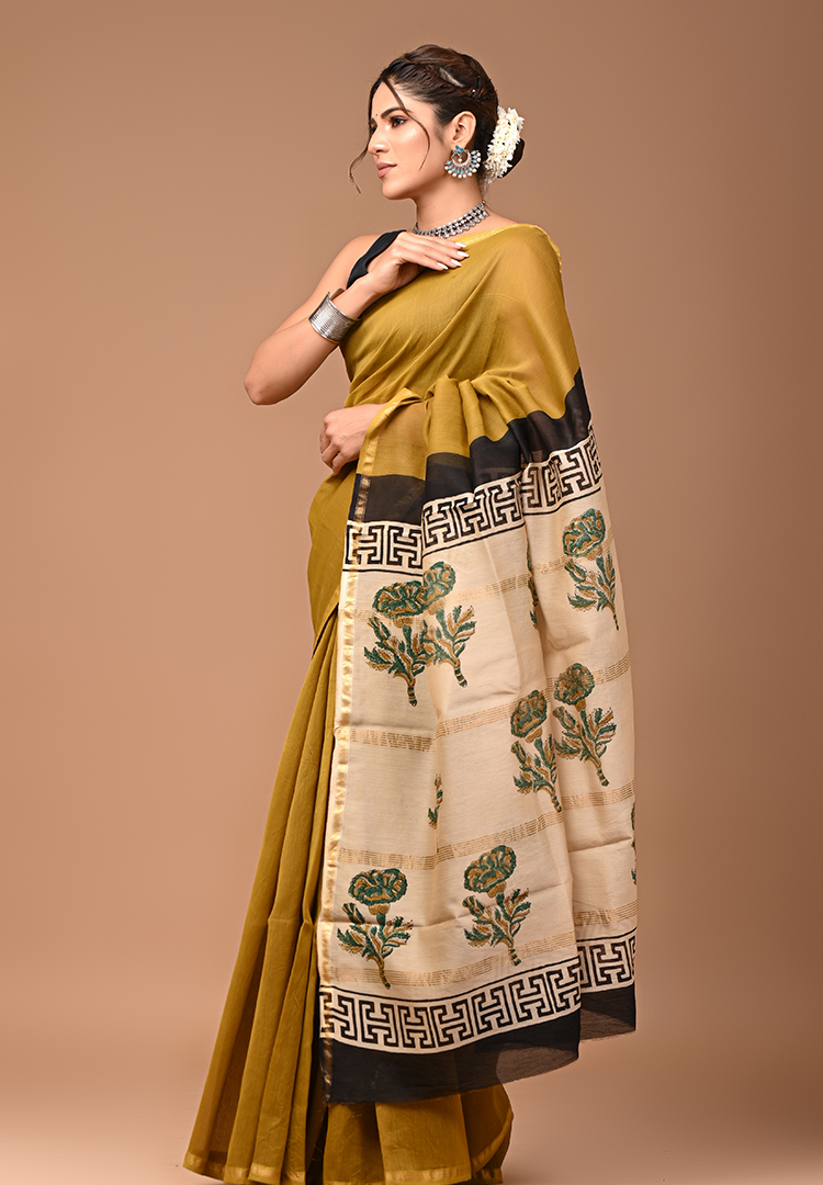 Gold Toned - Hand Block Chanderi Silk Saree For Women With Blouse Piece (Golden Green)